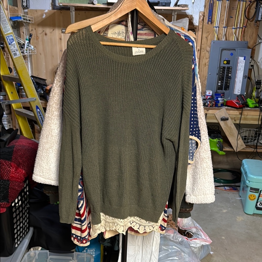 Anthropologie Green Crew Neck Sweater with Lace Detail